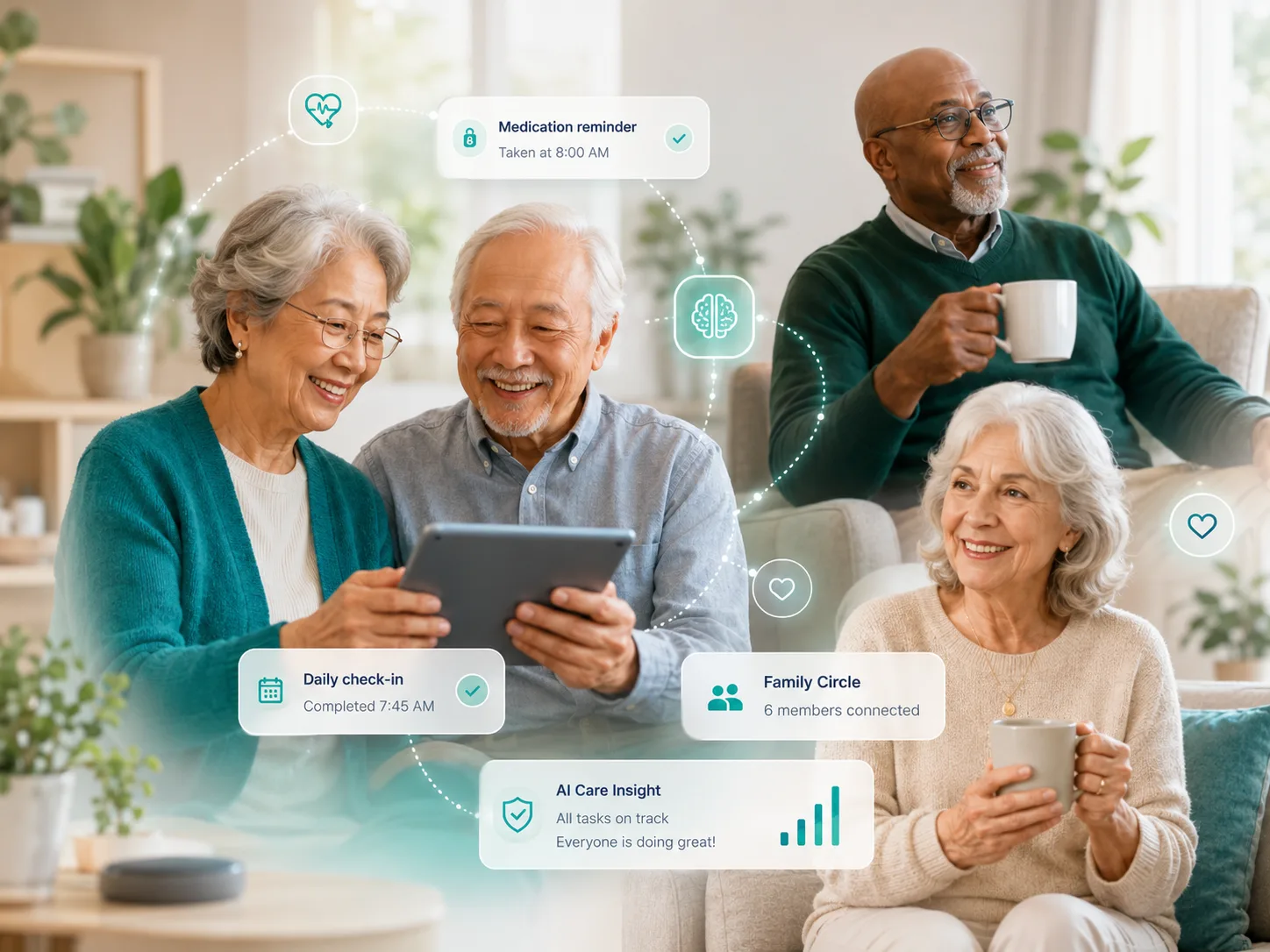 A family staying connected through Kin-Keepers care updates: medication reminders, daily check-ins, and Family Circle insights